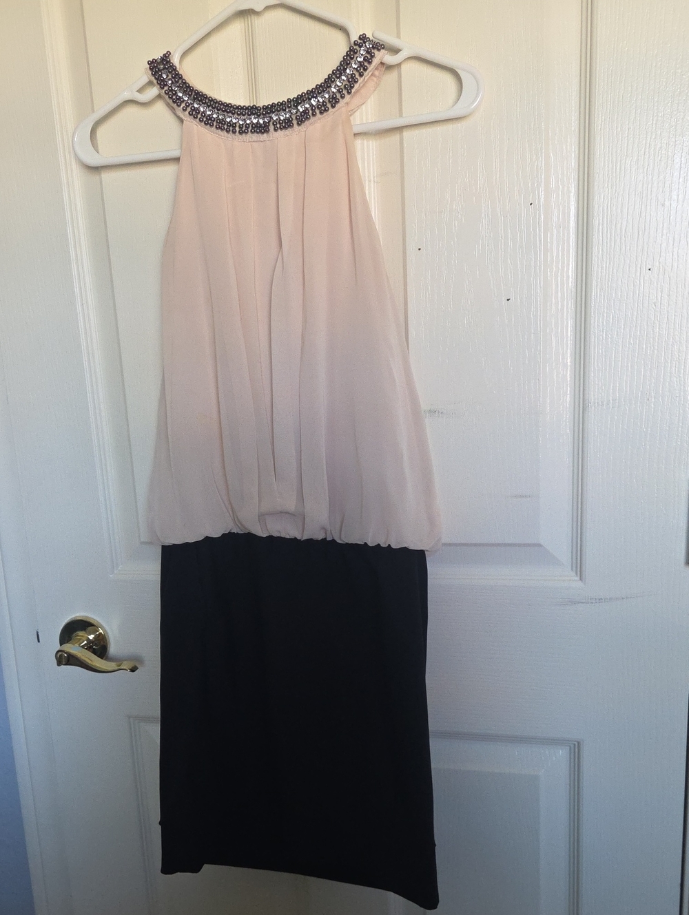 Darling Strapless Two-Tone Beaded Halter Dress - Blush & Black